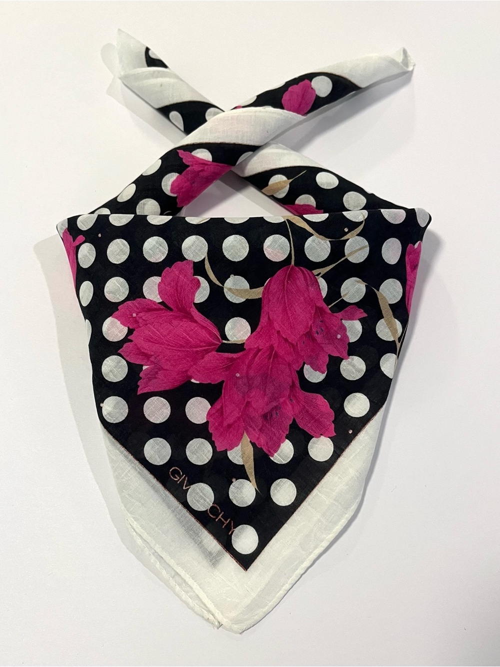 Givenchy Black, White & Fuchsia Polka Dot Floral Cotton Mini Scarf 19”